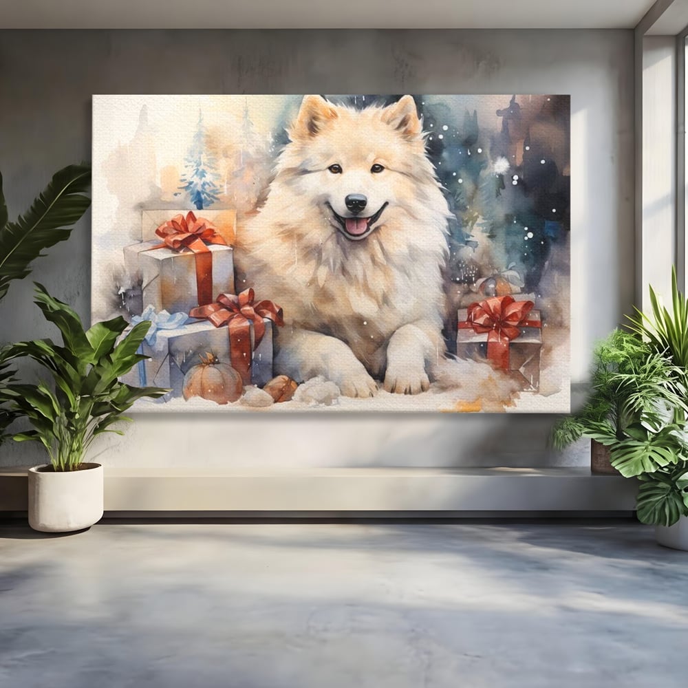 Tablou canvas cu tablou cu caine samoyed si cadouri de craciun, fara rama, pe sasiu de lemn